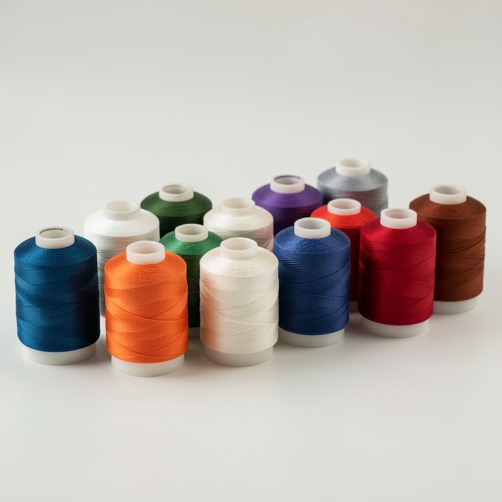Carretes de hilo de coser de distintos colores ordenados en fila sobre una superficie clara