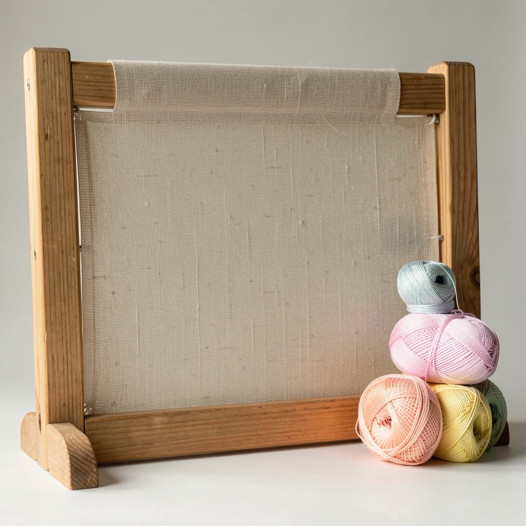 Bastidor de madera con tela de lino tensada y madejas de hilo de bordado en tonos pastel a un costado