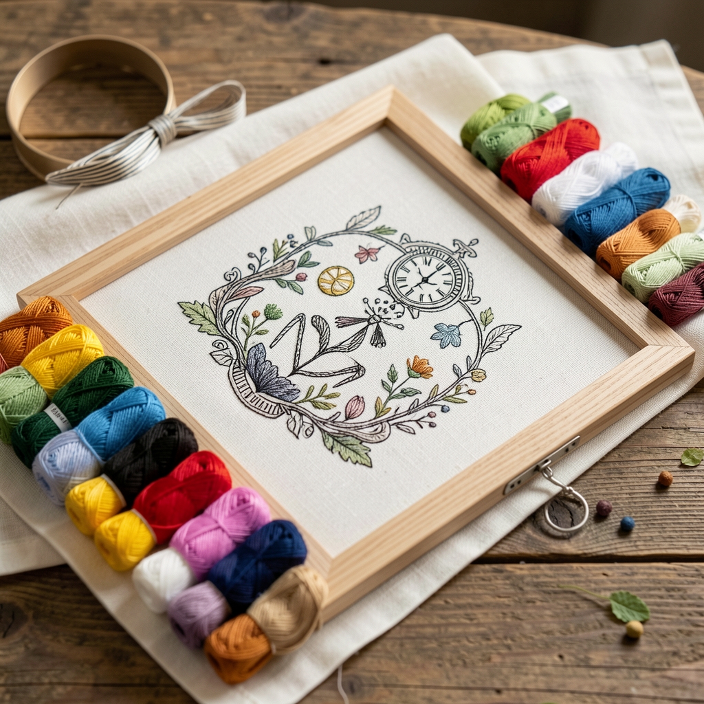 Kit de bordado con tela de algodón, hilos multicolor, bastidor de madera y patrón impreso