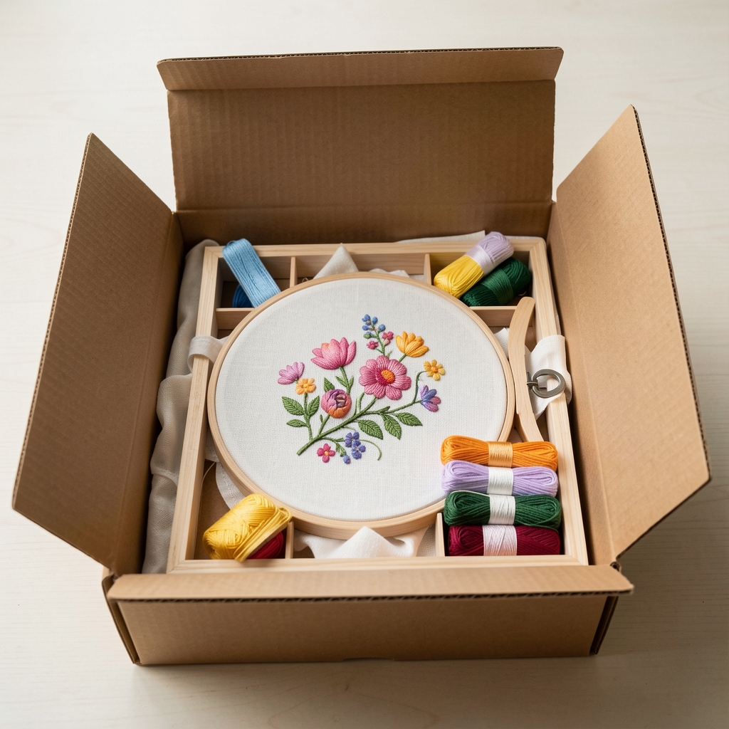 Kit de bordado completo con bastidor, hilos y tela organizado en una caja de cartón para despacho