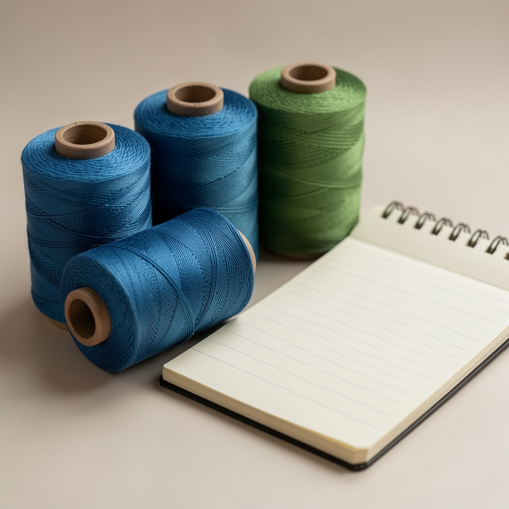 Conjunto de carretes de hilo de algodón en colores azules y verdes junto a una libreta de notas