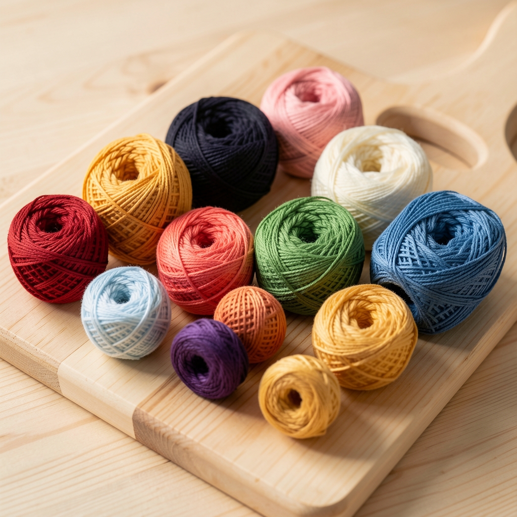 Madejas de hilo de bordado de algodón en varios colores organizadas sobre una tabla de madera clara