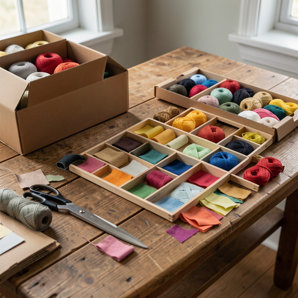 Mesa de trabajo de madera con cajas de cartón, tijeras, ovillos y retazos clasificados por color