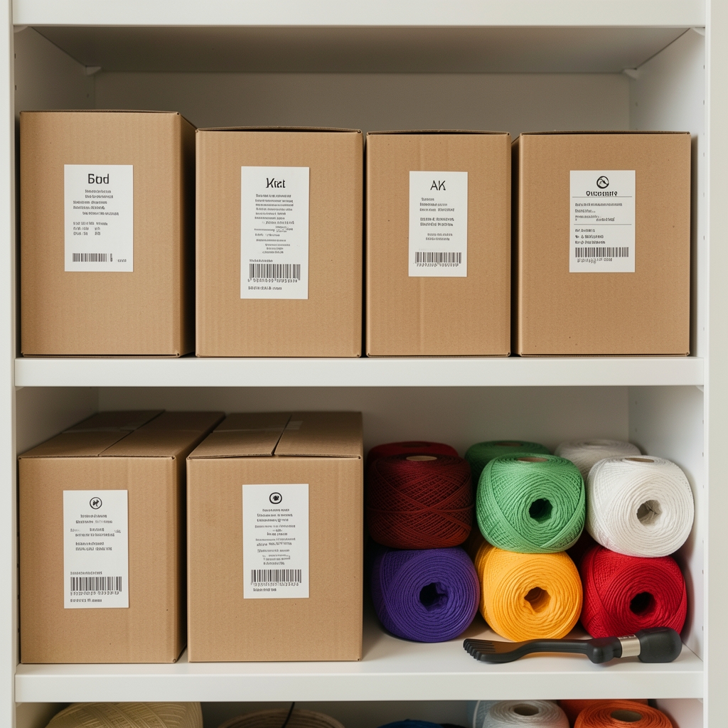 Cajas de almacenamiento de cartón con etiquetas y ovillos ordenados por color en un estante claro