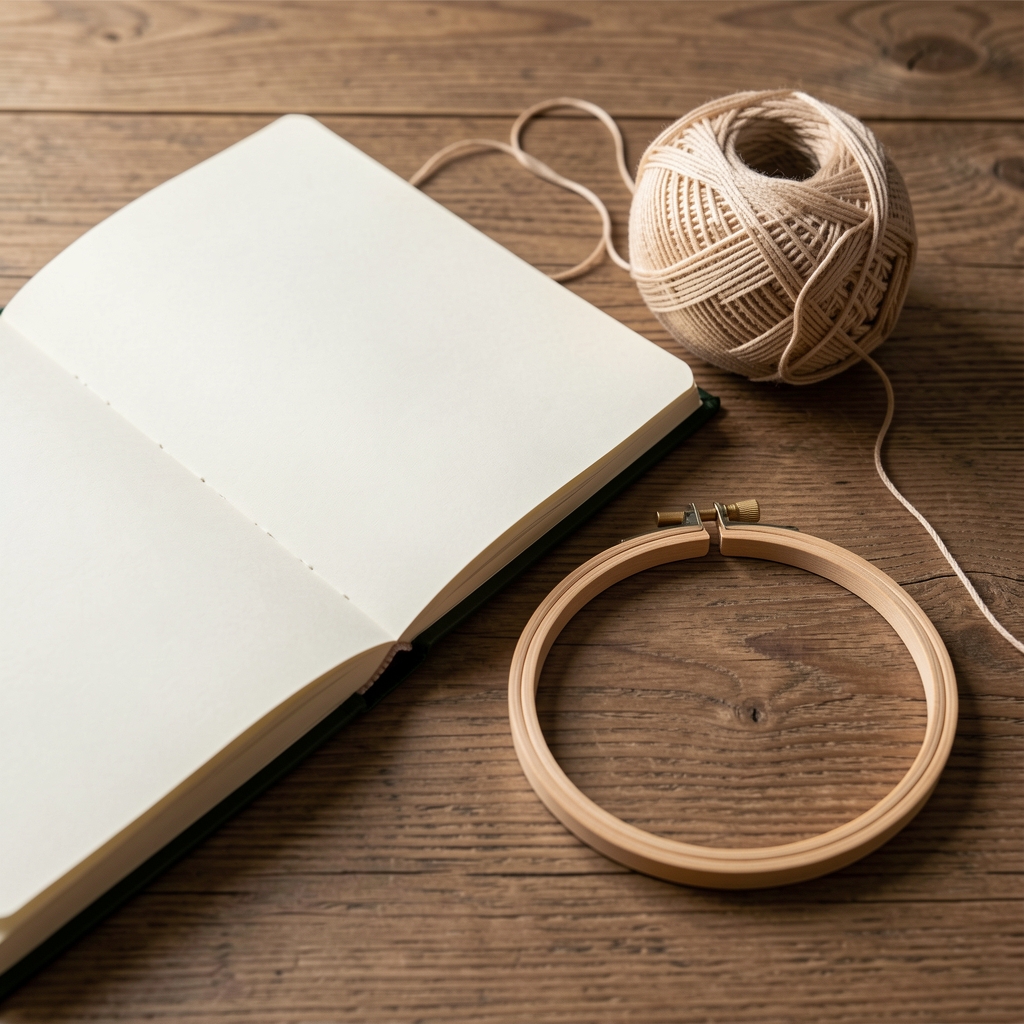 Cuaderno de patrones abierto junto a una madeja de hilo mouliné y un aro de bordado de madera